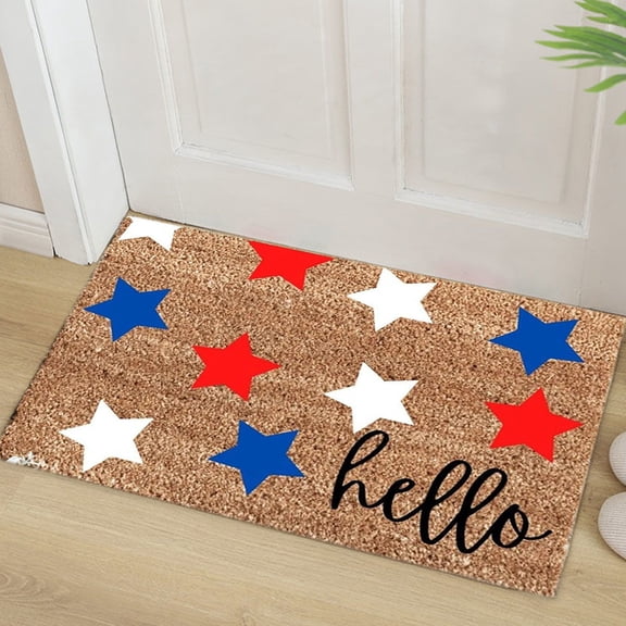 4th of July Decorations Indoor, Coco Coir Doormat Red White and Blue Stars Welcome Door Mat Patriotic Door Mat Non-Slip Front Door Welcome Mat for Outside Entrance or Porch Entry, Brown
