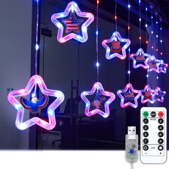4th of July Decorations, LED Illuminated Five-pointed Starses Ice Strip Lights String Americans Independence Day Atmospheres Decorative Outdoor Scene Layout Hanging Decorations