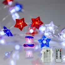 4th Of July Decorations Lighted,Red White Blue Star String Lights,Flag Hats Lights Remote Control String Plug in Indoor Outdoor String Lights for Any Patriotic Decorations Independence Day Decor