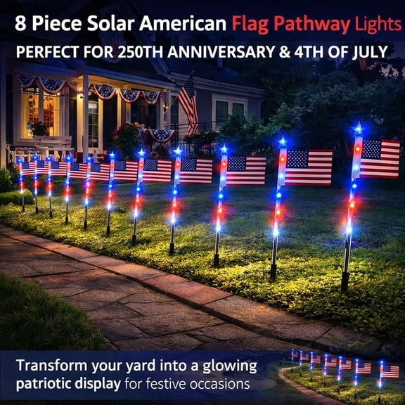 4th of July Decorations Outdoor American Flag Lights, 8-Pack Solar Powered Pathway Lights with USA Flags and LED Stars, Red White and Blue Patriotic Yard Decor, 26.7 Inch