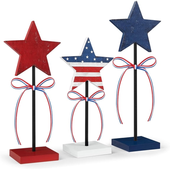 4th of July Tiered Tray Decor Wooden Star Set, 3 Pcs Memorial Day Table Decorations, Rustic Patriotic Tabletop Home Decor, Red White and Blue Decorations for Home (Retro)