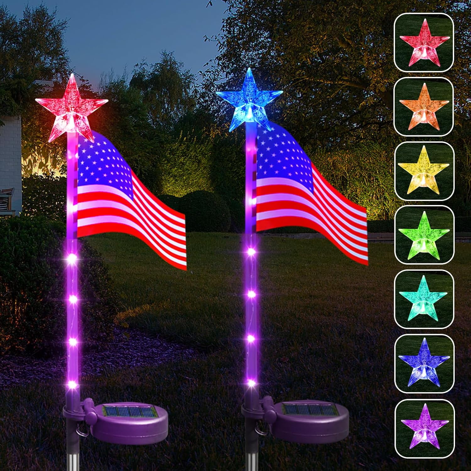 4th of July Decorations Outdoor Solar Lights, 2 Pack 7 Color Changing
