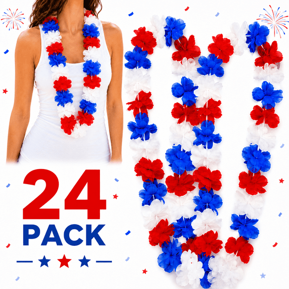 Kabuer 4th of July Decorations Party Supplies Red White and Blue Flower Leis for Independence Day Patriotic  Party Favors 24 Pack