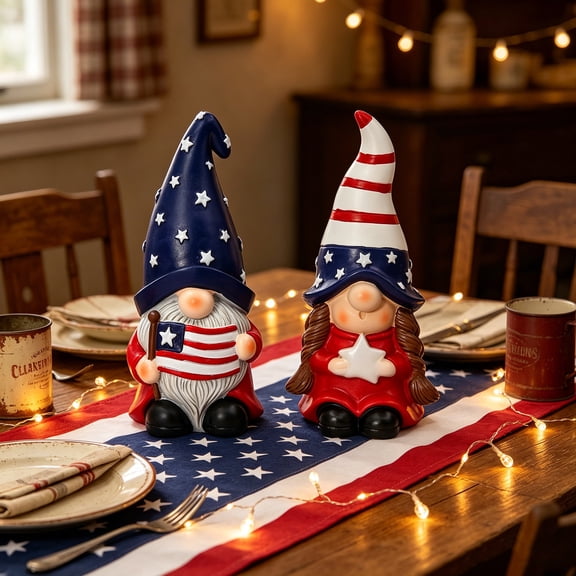 4th of July Decorations Patriotic Gnomes Set of 2, Resin Independence Day Dwarf Figurines for Tabletop Tiered Tray, Handcrafted Memorial Day Veteran Holiday Home Decoration, Holiday gifts.