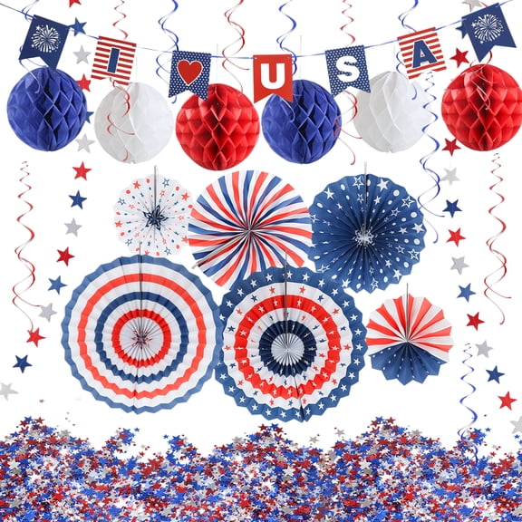 4th of July Decorations Patriotic Independence Day Party Supplies America Red White Blue Paper Fans USA Flag Pennant Office Home Party Supplies Design3