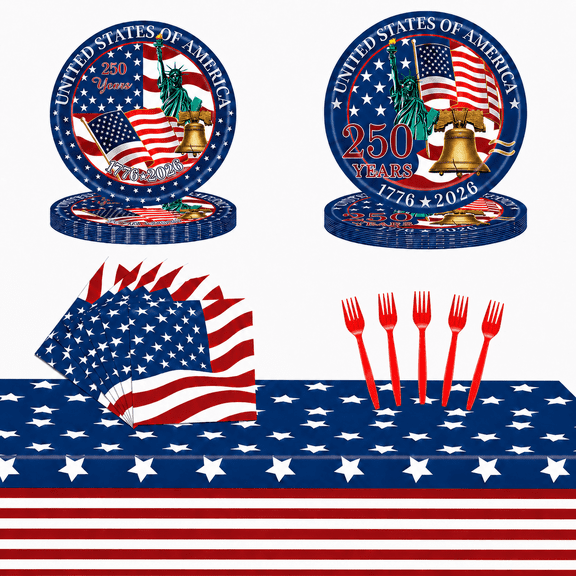 4th of July Decorations Patriotic Party Supplies 96 PCS 250th Anniversary American Flag Party Tableware Serve 24, 4th of July Plates Napkins Forks for Memorial Day Independence Day