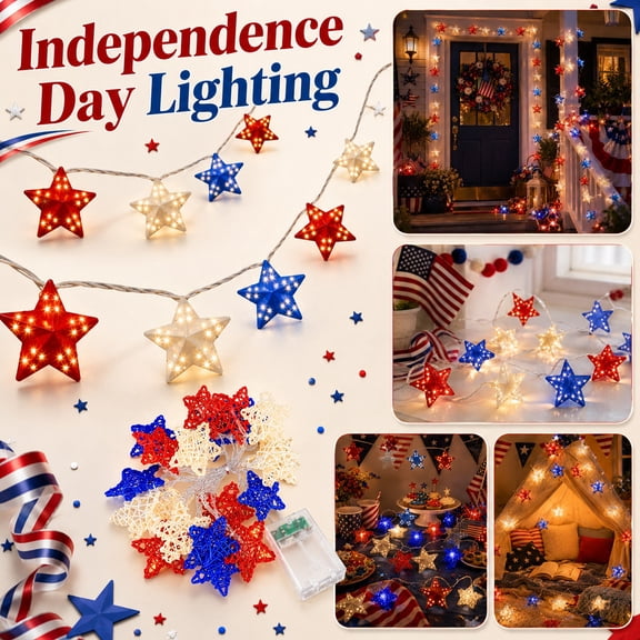 4th of July Decorations Patriotic Red White Blue LED Star String Lights Battery Operated for Independence Day Memorial Day Home Patio Party Décor – 1 String 3M 20 Lights + 1 Battery Box