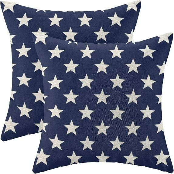 4th of July Decorations Pillow Covers 16x16 Inch Set of 2, Independence Day Patriotic Navy Blue Stars Throw Pillows Linen Farmhouse Holiday Cushion Case for Sofa Living Room Outdoor Decor