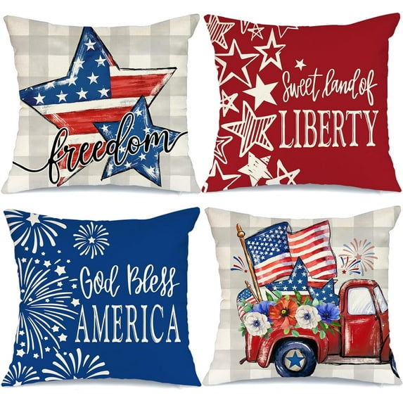 4th of July Decorations Pillow Covers 16x16 Set of 4 Star Strip Bless America Beige Buffalo Plaid Throw Pillow Covers Patriotic Pillows Independence Memorial Day Decor Cushion Case G322-16