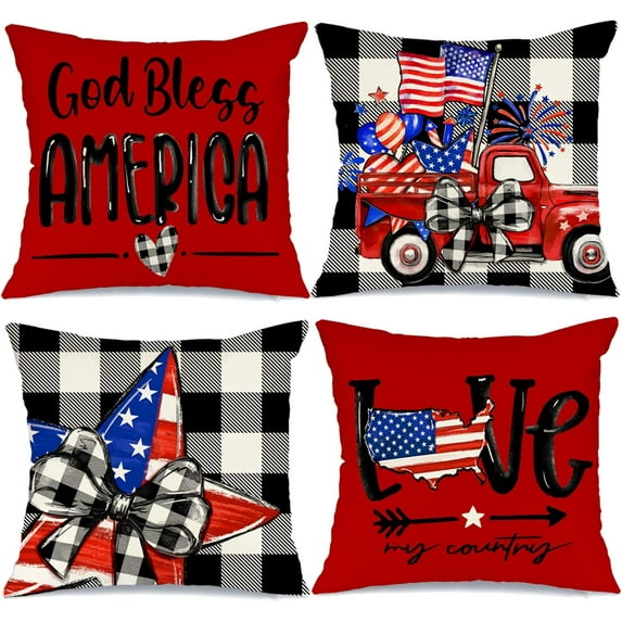 4th of July Decorations Pillow Covers 18 x 18 Set of 4 Buffalo Plaid Stars and Stripes Truck Throw Pillow Covers Patriotic Pillows Independence Memorial Day Decor Cushion Case