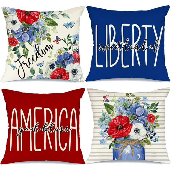 4th of July Decorations Pillow Covers 18 x 18 Set of 4 God Bless America Land of Liberty Floral Jar Throw Pillow Covers Patriotic Pillows Independence Memorial Day Decor Cushion Case G318-18