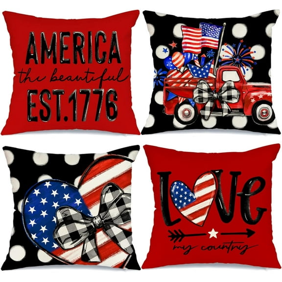 4th of July Decorations Pillow Covers 18 x 18 Set of 4 Polka Dots Stars and Stripes Heart Truck Throw Pillow Covers Patriotic Pillows Independence Memorial Day Decor Cushion Case