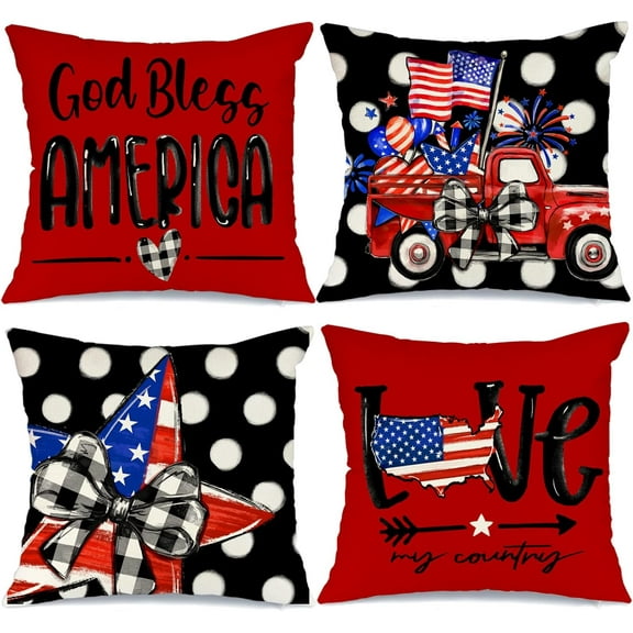 4th of July Decorations Pillow Covers 18 x 18 Set of 4 Polka Dots Stars and Stripes Truck Throw Pillow Covers Patriotic Pillows Independence Memorial Day Decor Cushion Case