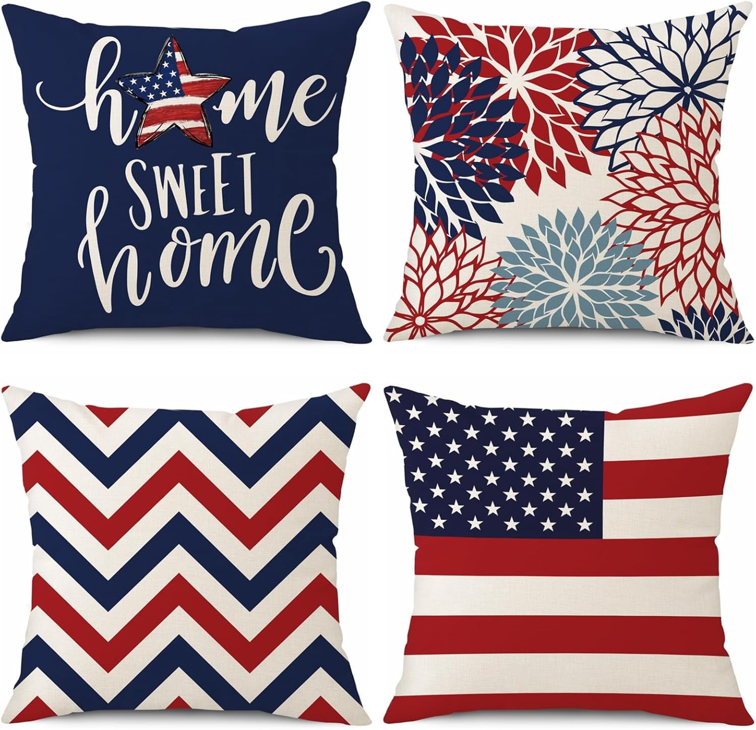 4th of July Decorations Pillow Covers 18x18 Inch Set of 4 Home Sweet Home Stars and Stripes Floral Throw Pillow Covers Patriotic Pillows Memorial Day Decor Cushion Case