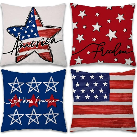 4th of July Decorations Pillow Covers 18x18 Set of 4 America Flag Stars and Stripes God Bless America Throw Pillow Covers Patriotic Pillows Memorial Day Decor Cushion Case
