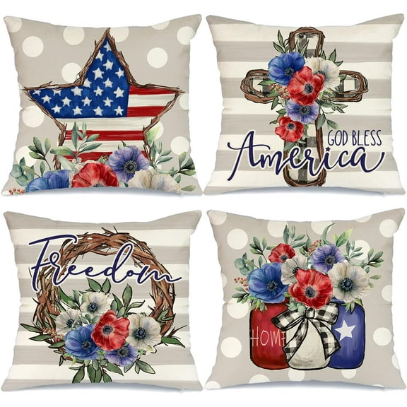 4th of July Decorations Pillow Covers 18x18 Set of 4 Polka Dots Star and Strip Cross Bless America Floral Jar Throw Pillows Patriotic Pillows Independence Day Decor Cushion Case G327-18