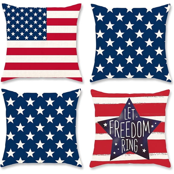 4th of July Decorations Pillow Covers 18x18 inch Set of 4 Independence Day Patriotic Throw Pillow Case American Flag Stars and Stripes Cushion Case for Sofa Couch Bed Home Outdoor