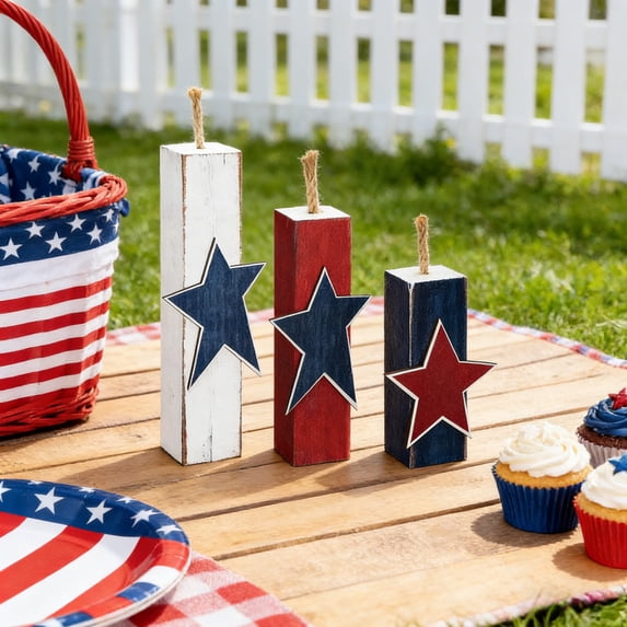 4th of July Decorations Set Wooden Patriotic Table Centerpieces Independence Day Wood Firework Fourth of July Table Signs for 250th Anniversary Home Farmhouse Decor