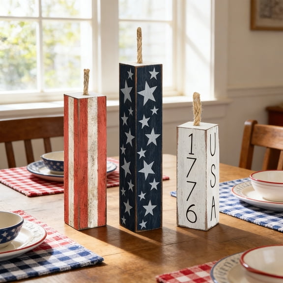 4th of July Decorations Set Wooden Patriotic Table Centerpieces Independence Day Wood Firework Fourth of July Table Signs for 250th Anniversary Home Farmhouse Decor