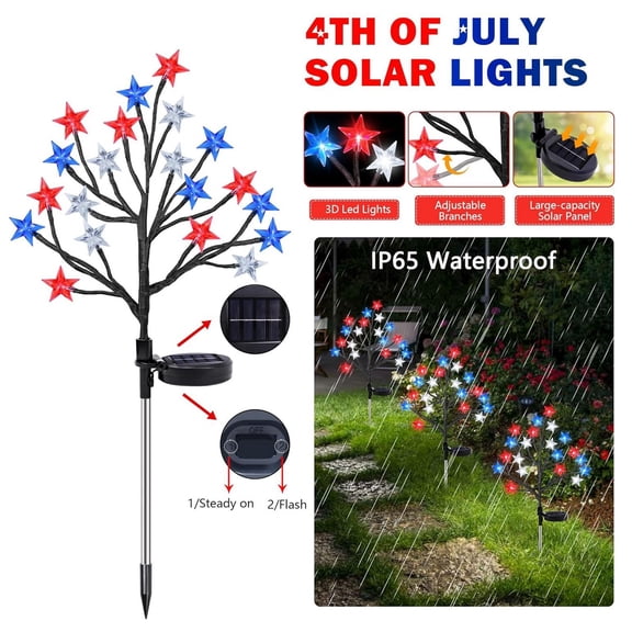 4th of July Decorations Solar Star Tree Lights Outdoor Waterproof Patriotic Red White Blue LED Stake Lights for Yard Patio Independence Day Decor(5PC)