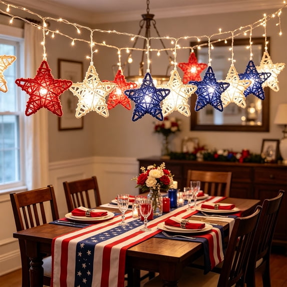4th of July Decorations - Star Light String,59 Inch Patriotic Red White and Blue Star Lights String with Large Star Decor,Connectable Plug-in Decorative Lights