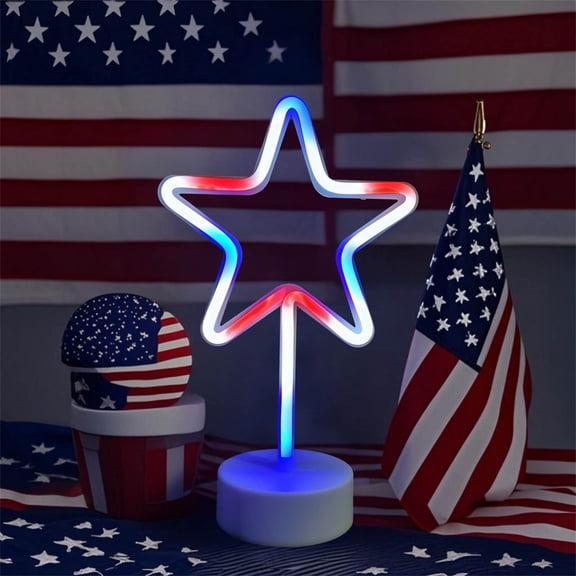 4th of July Decorations Star Neon Signs With Holder Base, Red White Blue Star Lights USB or Battery Powered, Patriotic LED Table Light Night Light for Bedroom Home Centerpiece Fourth of July Decor