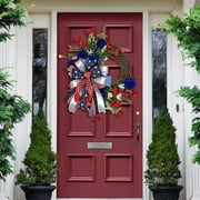 4th of July Decorations loopsun 17.7Inch Rustic Red White And Blue Patriotic Fabric Front Door Wreath With Metal Star Bow – Americana Decoration – Indoor Outdoor 4th Of July Home Decor