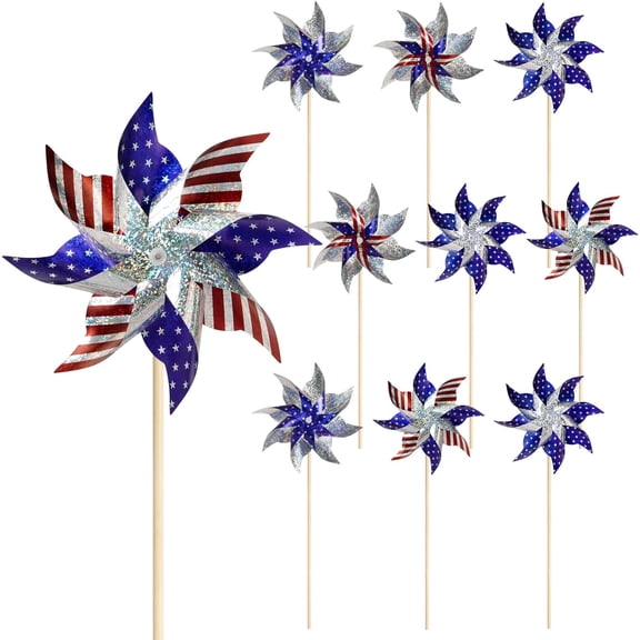 2024 4th of July Decorative Reflective Windmill, 10 Paack Patriotic Decorative Red, White and Blue Windmills, Yard and Garden Windmills, Independence Day, Kids, Bird Repellers Outdoor