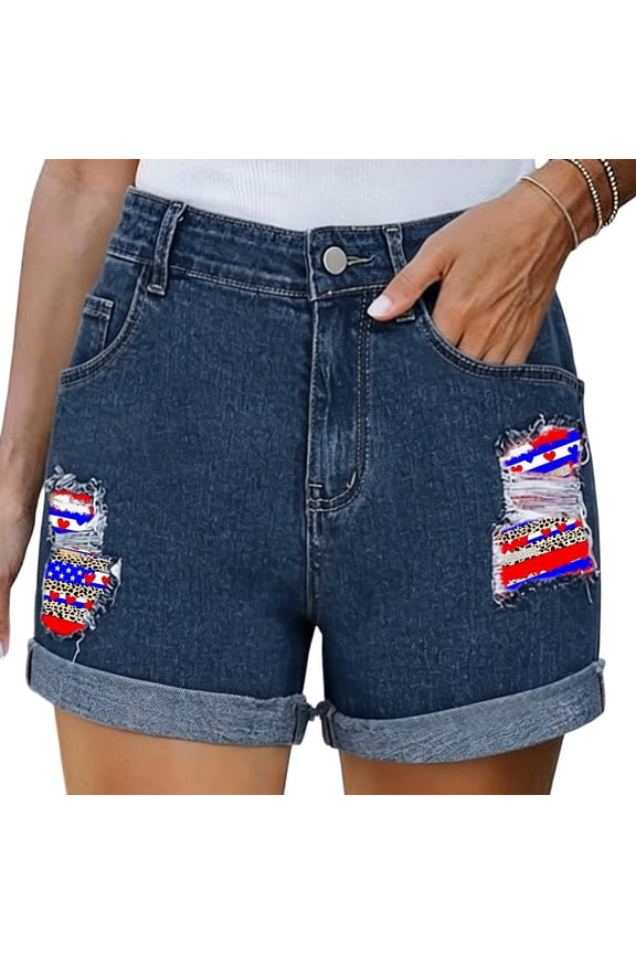4th of July Denim Shorts for Women Patch High Waisted Distressed Ripped Jean Shorts with Pockets Button Closure Casual Summer Wide Leg Denim Shorts Blue s