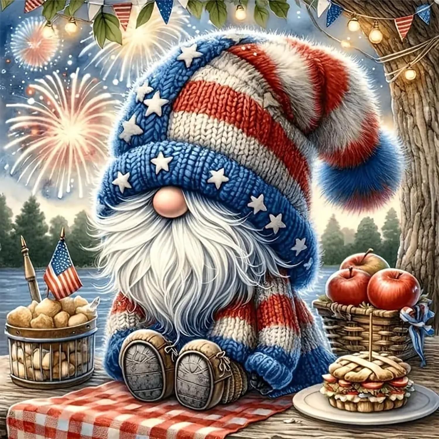 4th of July Diamond Art Painting Kits for Adults, Patriotic Gnome 5D Diamond Painting Dots Art Kits for Adults Beginner, DIY Full Round Gem Crystal Art paint by Diamond Home Wall Decor 12 x 12 In