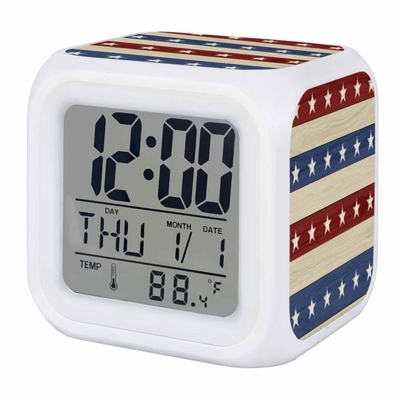 4th of July Digital Alarm Clock for Bedrooms, Smart LED Alarm Clock with 7 Color Changing Night Light, Blue Red Star Striped Independence Day Silent Wake Up Clocks for Sleep Study Cooking 3.2"x3.2"