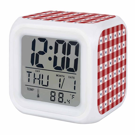 4th of July Digital Alarm Clock for Bedrooms,Smart LED Alarm Clock with 7 Color Changing Night Light,Independence Day Red White Plaid Blue Star Silent Wake Up Clocks for Sleep Study Cooking 3.2"x3.2"