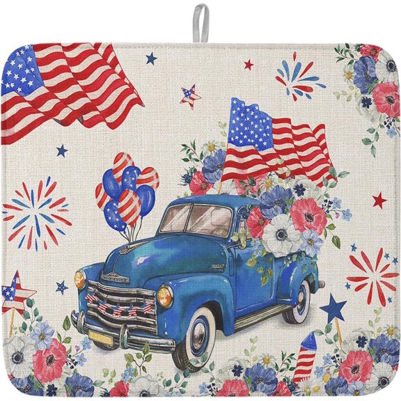 4th of July Dish Drying Mat for Kitchen Counter American Flag Truck Drying Pad Absorbent Drying Mats for Countertops Sinks Draining Racks Patriotic Poppy Floral Drainer Independence Day Decor 16x18