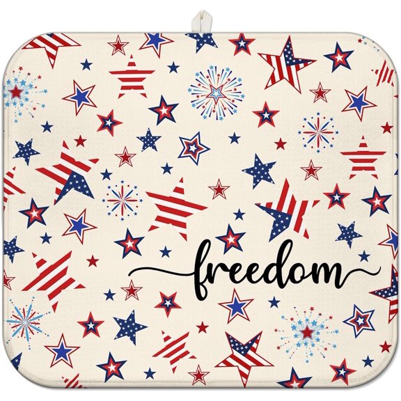 4th of July Dish Drying Mat for Kitchen Counter,Independence Day Stars Memorial Fallen Soldiers Microfiber Drying Mat, Washable Absorbent Patriot Kitchen Countertop Dish Mat Draining Mat 16×18 Inch