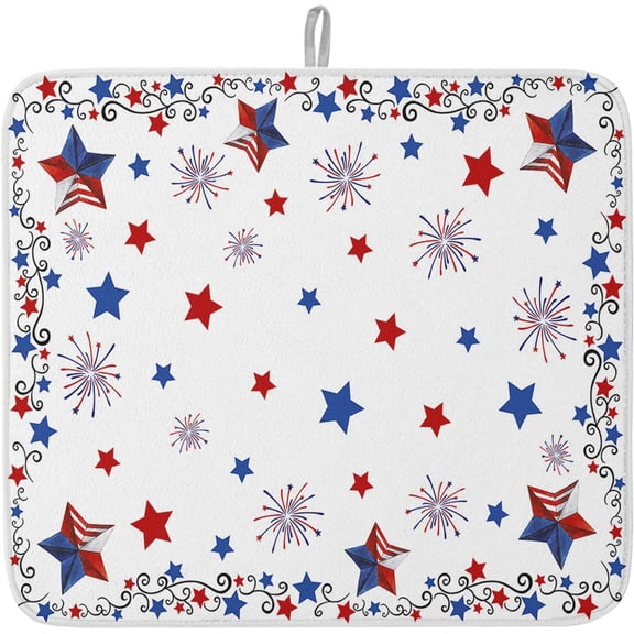 4th of July Dish Drying Mat for Kitchen Counter Patriotic Stars Drying Pad Absorbent Drying Mats for Countertops Sinks Draining Racks Red Blue Fireworks Drainer Independence Day Holiday Decor 16x18