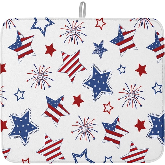 4th of July Dish Drying Mat for Kitchen Counter Patriotic Stars Drying Pad Absorbent Drying Mats for Countertops Sinks Draining Racks Red White Blue Fireworks Drainer Independence Day Decoration 16x18