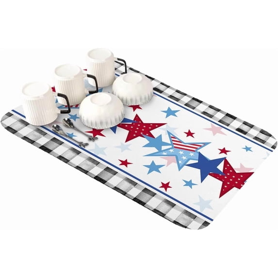 4th of July Dish Drying Mat for Kitchen Counter, Super Absorbent Quick Dry Coffee Bar Mat Pad Thin Diatomaceous Sink Mat Non Slip Dish Drainer Mat 12''x16'' Independence Day Blue Red Star Black Plaid