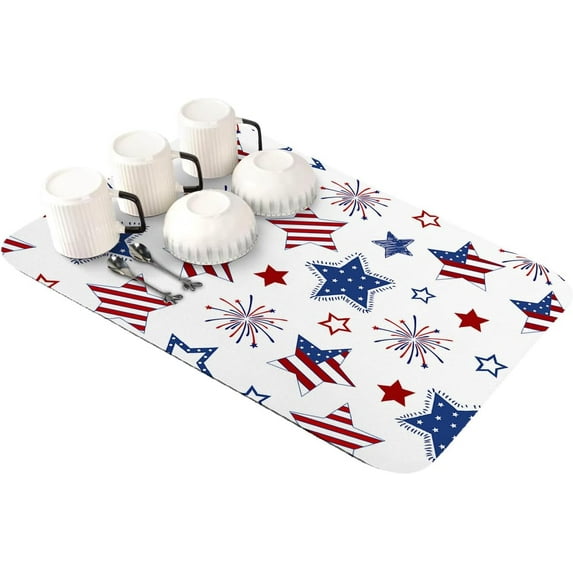 4th of July Dish Drying Mat for Kitchen Counter, Super Absorbent Quick Dry Coffee Bar Mat Pad Thin Diatomaceous Sink Mat Non Slip Dish Drainer Mat 23.5x15.5 Independence Day Blue Red Star Fireworks