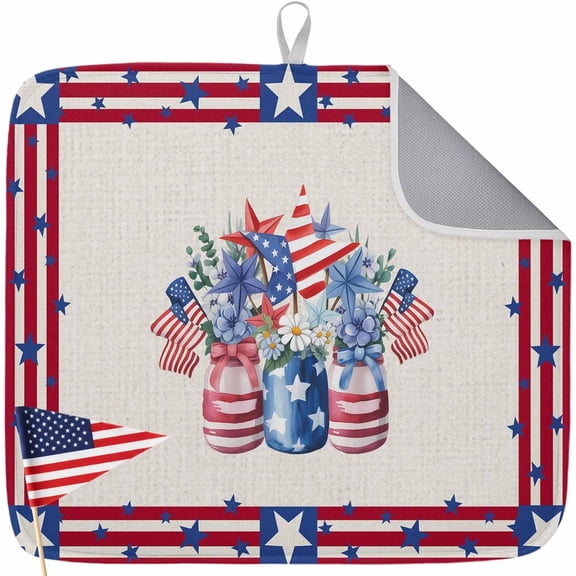4th of July Dish Drying Mat for Kitchen Counter USA Flag Flower Vase Drying Pad Absorbent Drying Mats for Countertops Sinks Draining Racks Red White Blue Patriotic Stars Stripes Drainer 18x24 Inch
