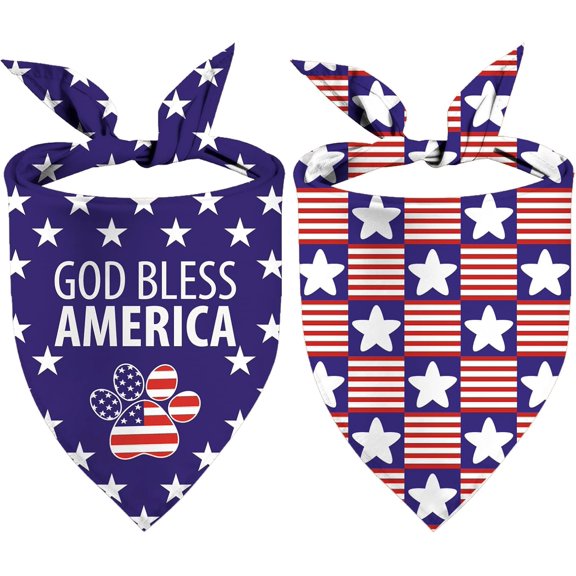 4th of July Dog Bandana - God Bless America Patriotic Puppy Scarf - 2 Pcs Adjustable Triangle Double Layer Reversible Independence Day Pet Bandanas for Small Medium Large Dogs
