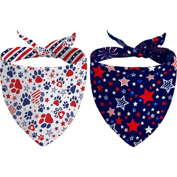 4th of July Dog Bandana Reversible 2 Pack Large, Red White and Blue Dog Paw Star Patriotic Dogs Bandanas Set Adjustable Triangle Holiday Scarves for Memorial Day Medium Large Extra Large Dogs