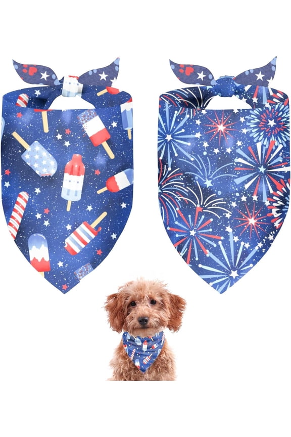 4th of July Dog Bandanas 2Pack Independence Day,American Flag Reversible Triangle Patriotic Pet Scarf for Boy and Girl,Memorial Day Bandana for Small Medium Large Dogs Cats(Popsicles|Fireworks Medium)