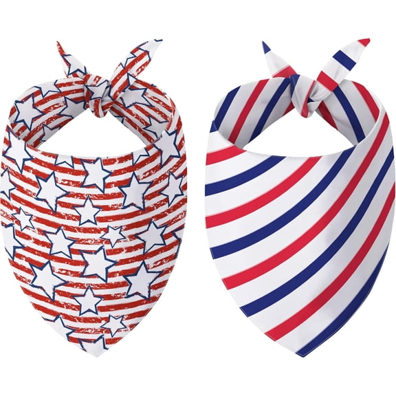 4th of July Dog Bandanas Reversible Small 2 Pack, Patriotic Independence Day Adjustable Triangle Holiday Scarves for Small Medium Large Extra Large Puppy Dogs Pets