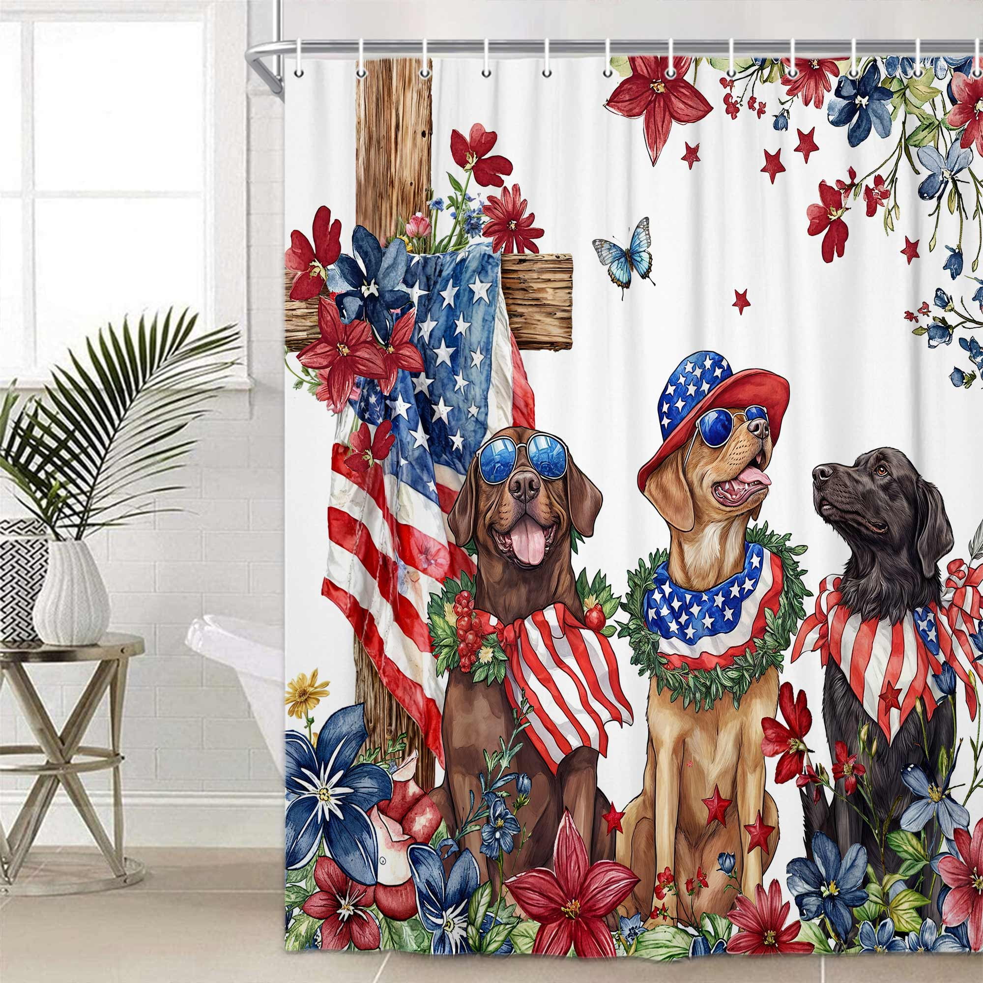 4th of July Dog Shower Curtain, Red White and Blue Patriotic Memorial American Flag Independence Floral Shower Curtain Sets, Rustic Holiday Waterproof Fabric Bath Curtains with Hooks, 60X70in