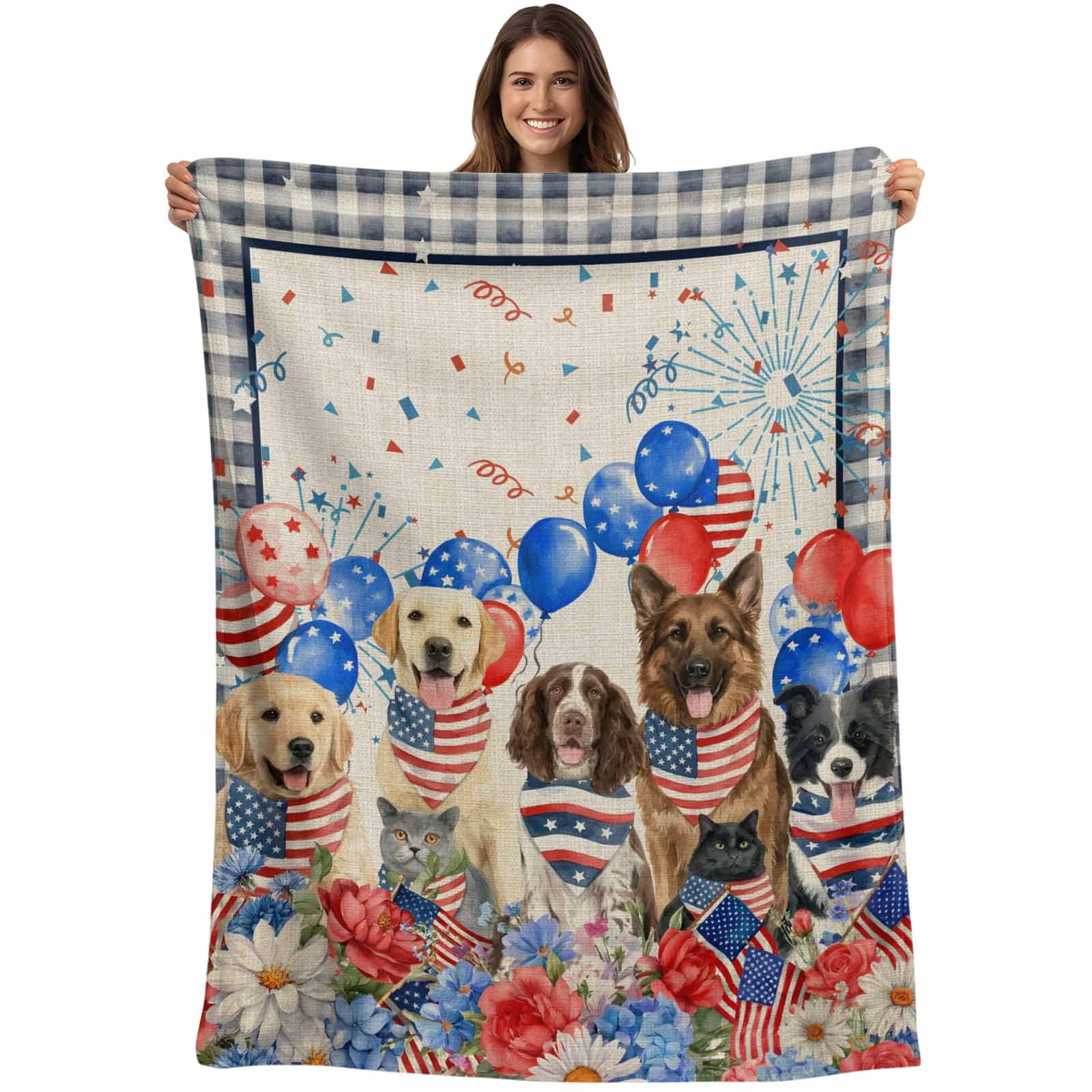 4th of July Dogs Blanket Soft Cozy Warm Throw Blanket for Couch, Plush Fuzzy Flannel Fleece Blankets for Sofa, Independence Day Floral Red Stars Beige Bed Blankets Lightweight Gifts for Men, 30"x40"