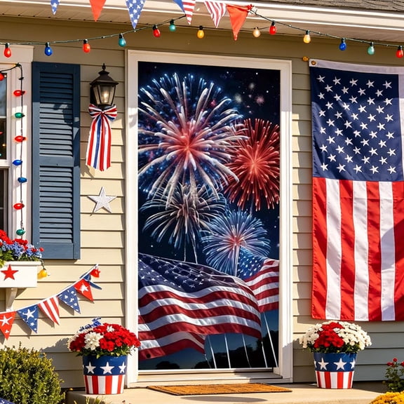 4th of July Door Cover 71x35 Inch Patriotic Hanging Banner, Independence Day Doorway Backdrop Decoration, Memorial Day Porch Decor with Rope, Polyester Spandex Fabric