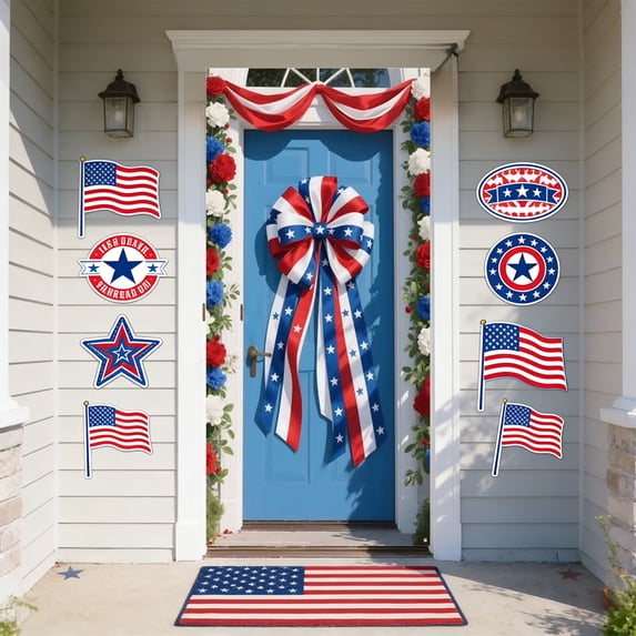 4th of July Door Cover Decoration,250 Anniversary Patriotic Door Cover,Red Blue and White American Flag Bow Door Banner,Veterans Day Memorial Day Decor,Independence Day Party Supplies(2D, 35x70 inch)