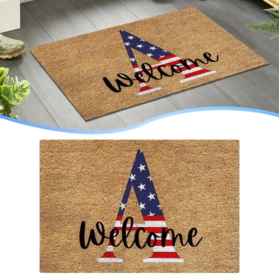 4th of July Door Mat, 23.6*35.4 Inch American Flag Monogram Welcome Mat, Patriotic Rug Door Front Door Rug, Coir Entryway Carpet for Independence Day, Memorial Day, Anniversary, Outdoor Decor