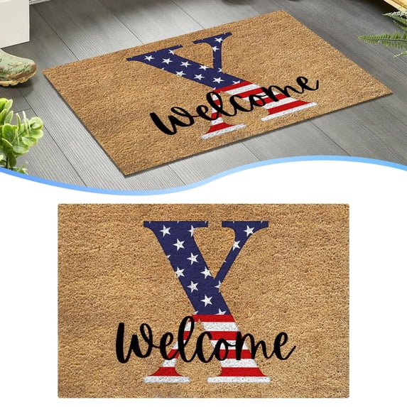 4th of July Door Mat, 23.6*35.4 Inch American Flag Monogram Welcome Mat, Patriotic Rug Door Front Door Rug, Coir Entryway Carpet for Independence Day, Memorial Day, Anniversary, Outdoor Decor