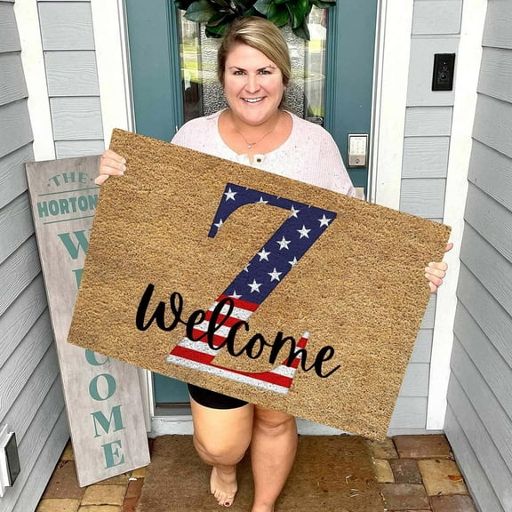 4th of July Door Mat,26 Letter Last Name Patriotic Doormat, Entryway Rug Welcome Independence Day Doormat Stain and Fade Resistant Patriotic Decor Welcome Outdoor Mat Decorative(60*40cm)